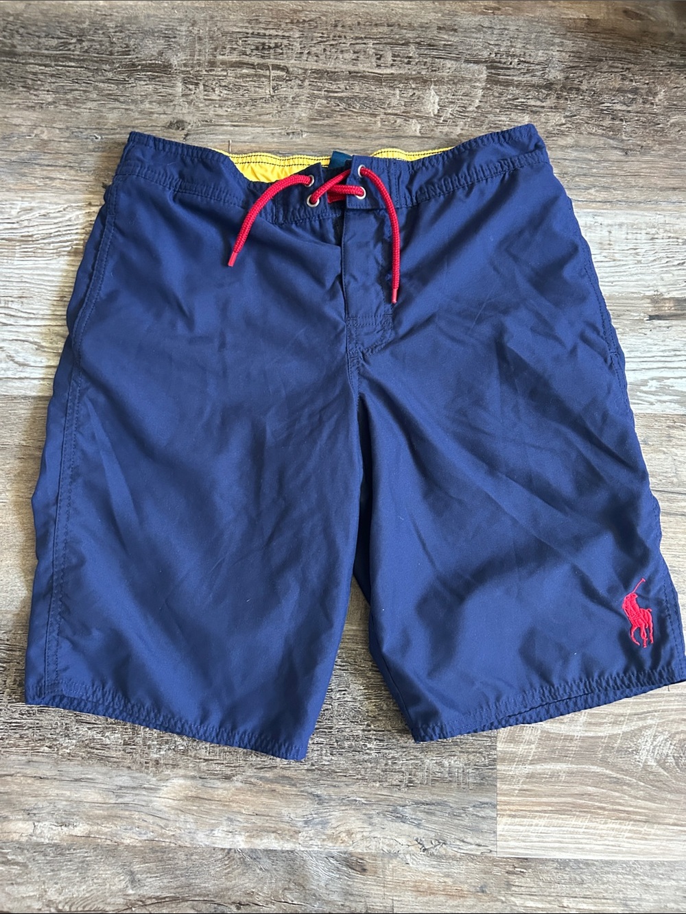 Boys Polo by Ralph Lauren Navy Swim Shorts with Red Drawstring large
